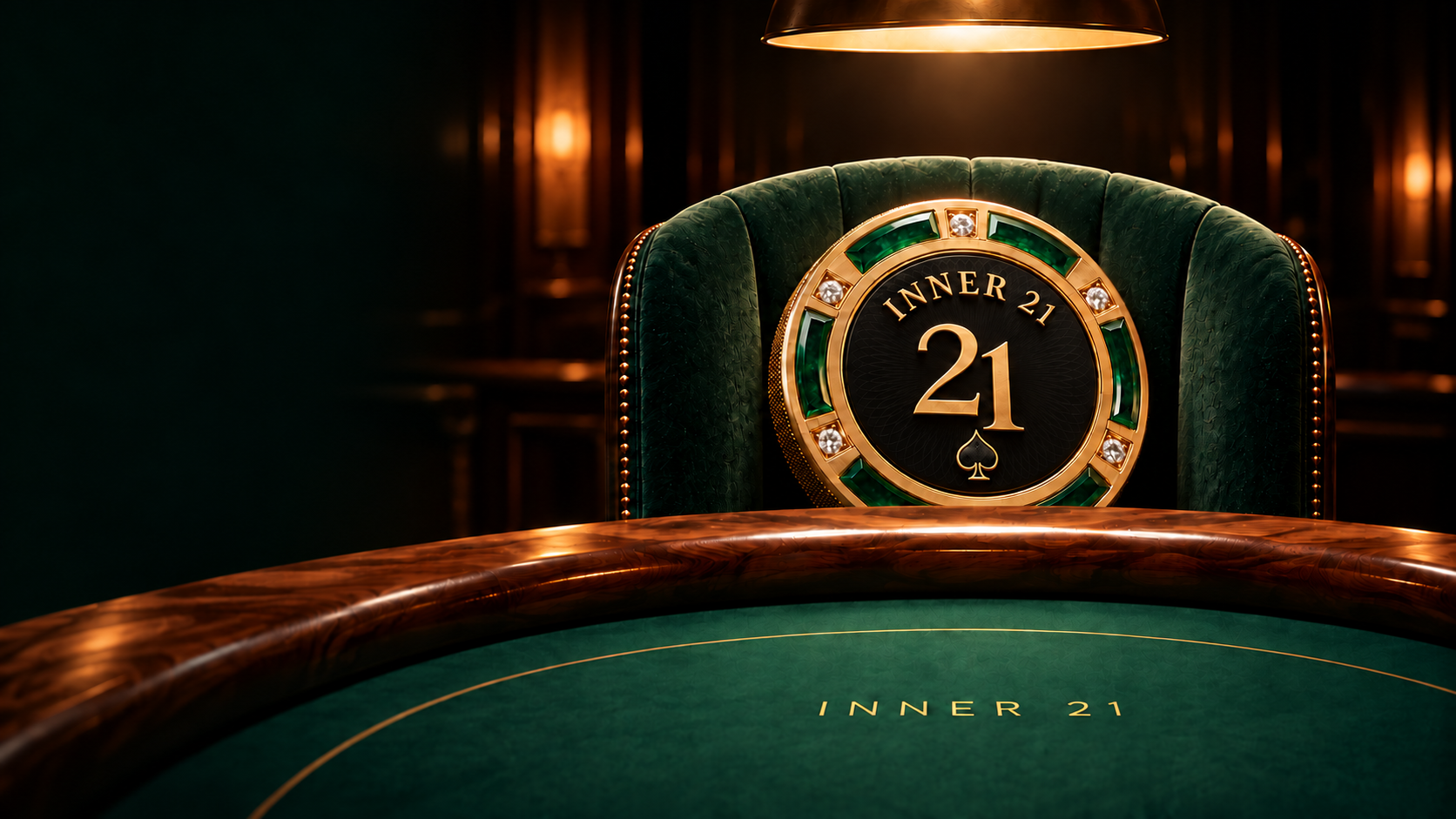 The INNER 21 emerald and gold chip beside a green club chair and walnut card table.